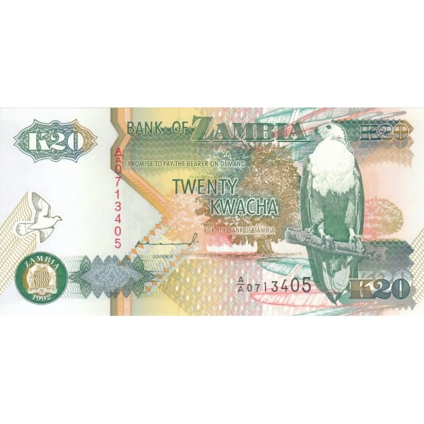 1992 - Zambia   Pic  36a  20 Kwacha  banknote