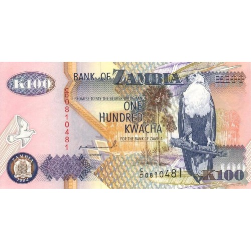 1992 - Zambia   Pic  38a   100 Kwacha  banknote