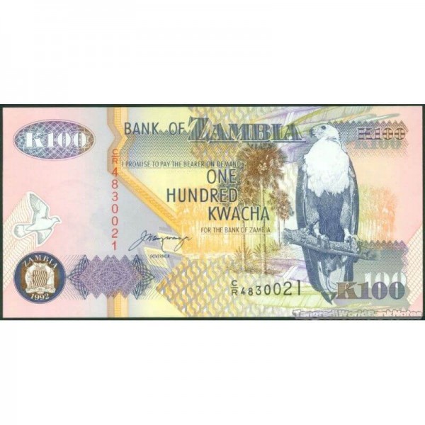 1992 - Zambia   Pic  38b   100 Kwacha  banknote