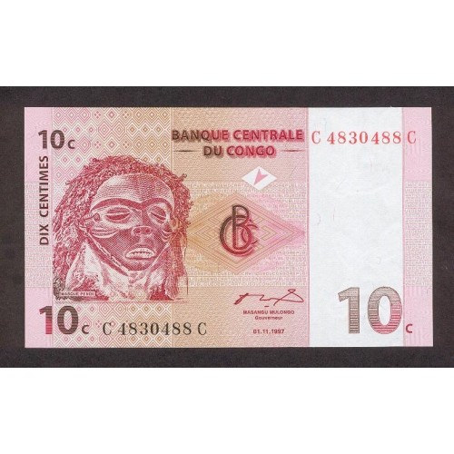 1997 -  Congo Republica Democratica PIC 82 billete de 10 céntimos