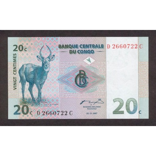 1997 -  Congo Republica Democratica PIC 83 billete de 20 céntimos