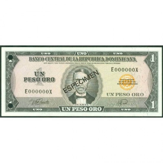 1978 - Dominican Republic P107s 3 Pesos Oro Specimen banknote 1978 - Dominican Republic P107s 3 Pesos Oro Specimen banknote
