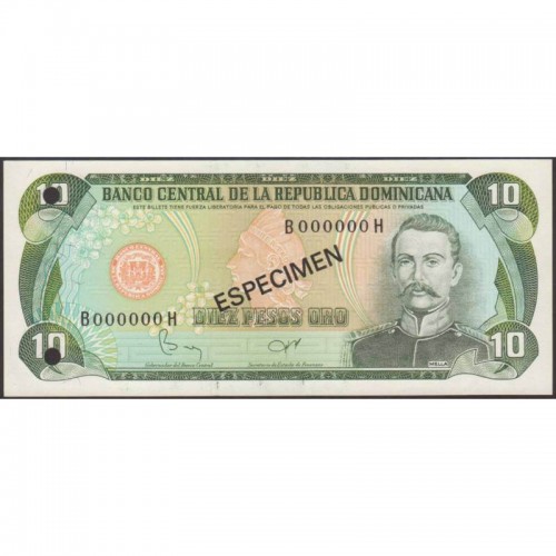 1982 - República Dominicana P119s1 billete 10 Pesos Oro Specimen