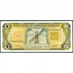 1978 - Dominican Republic P120s1  20 Pesos Oro Specimen banknote