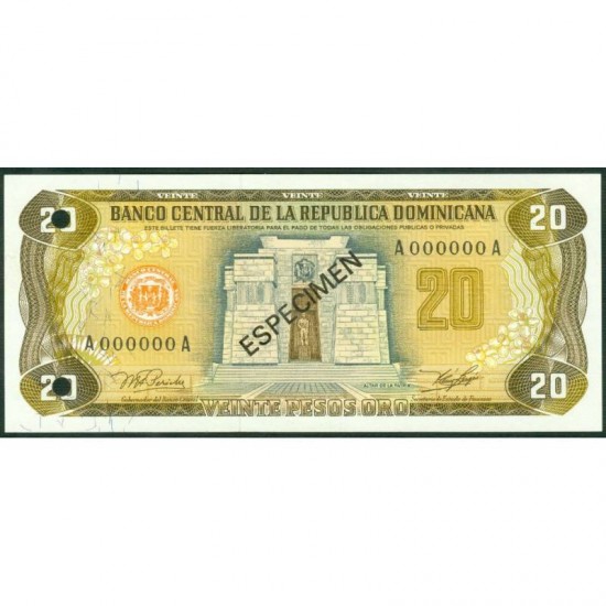 1978 - Dominican Republic P120s1 20 Pesos Oro Specimen banknote 1978 - Dominican Republic P120s1 20 Pesos Oro Specimen banknote
