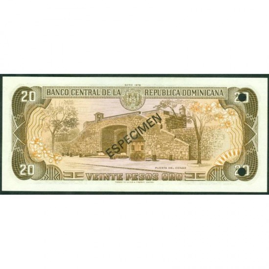 1978 - Dominican Republic P120s1 20 Pesos Oro Specimen banknote 1978 - Dominican Republic P120s1 20 Pesos Oro Specimen banknote