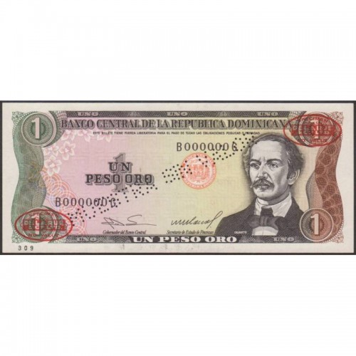 1984 - República Dominicana P126s1 billete 1 Peso Oro Specimen taladrado