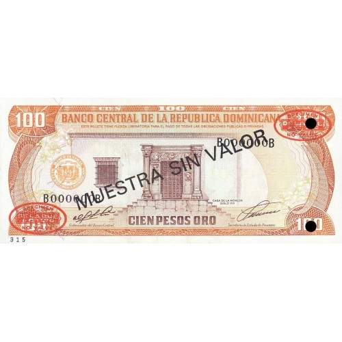 1991 - Dominican Republic P136s1 100 Pesos Oro Specimen banknote
