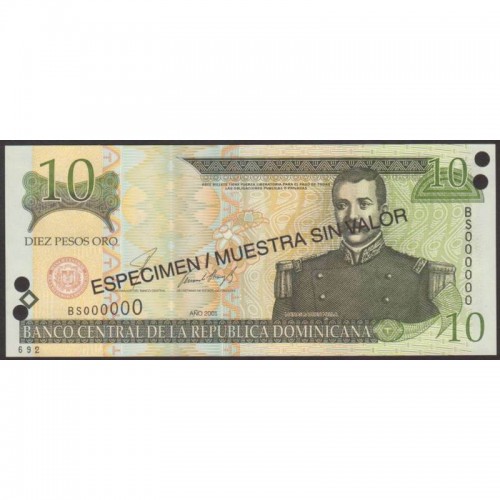 2001 - República Dominicana P168s1 billete 10 Pesos Oro