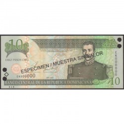 2002 - República Dominicana P168s2 billete 10 Pesos Oro Specimen