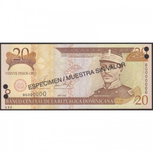 2001- República Dominicana PIC 169s1 billete 20 Pesos Oro S/C