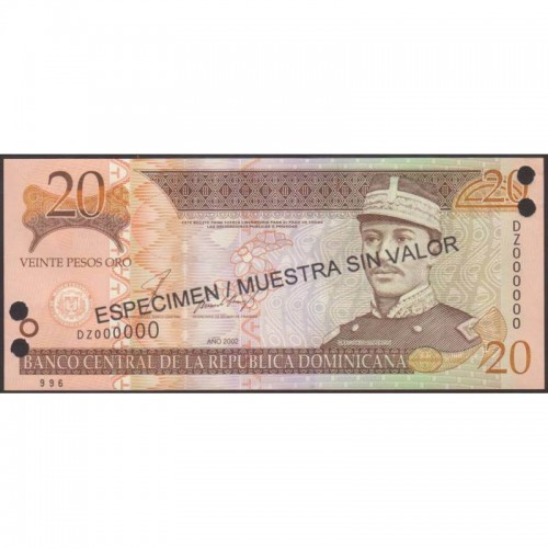 2002- República Dominicana P169s2 billete 20 Pesos Oro Specimen