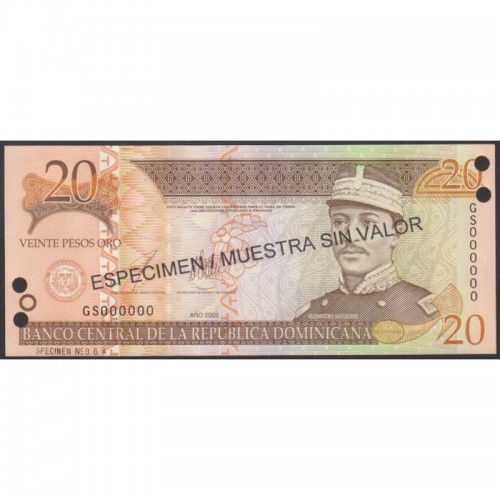 2003- República Dominicana P169s3 billete 20 Pesos Oro Specimen