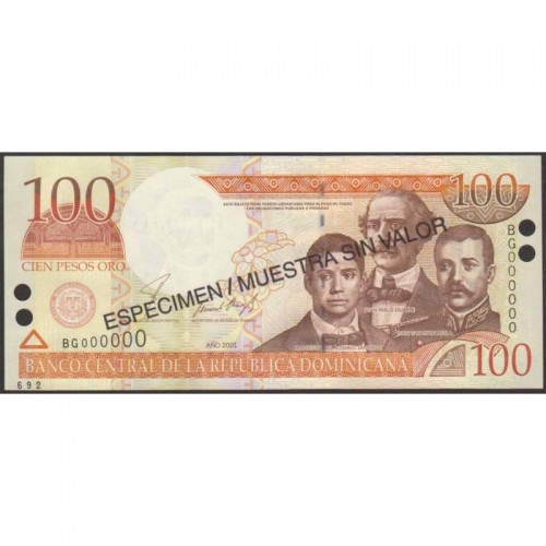 2001 - República Dominicana P171s1 billete 100 Pesos Oro  Specimen