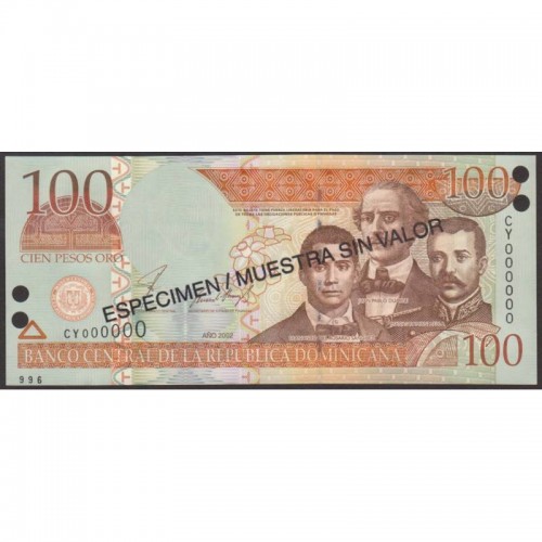 2002 - Dominican Republic P170s2 100 Pesos Oro  Specimen banknote
