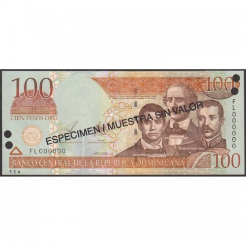 2003 - Dominican Republic P170s3 100 Pesos Oro  Specimen banknote