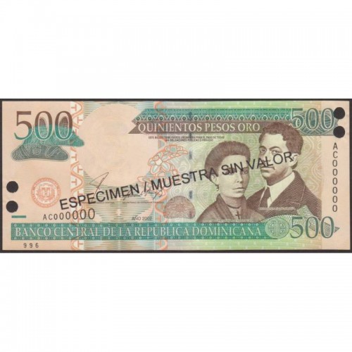 2002 - Dominican Republic P172s1  500 Pesos Oro  Specimen banknote