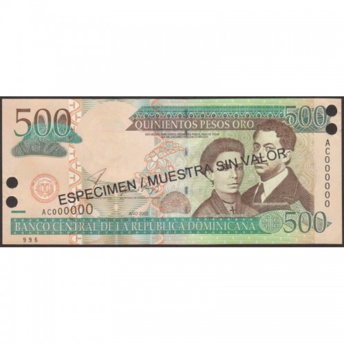 2002 - República Dominicana P172s1 billete 500 Pesos Oro  Specimen