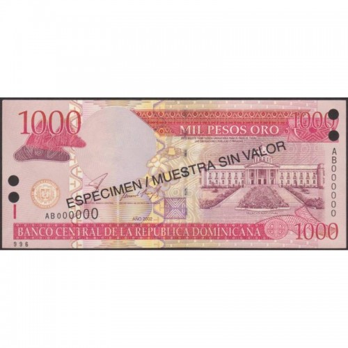 2002 - República Dominicana P173s1 billete 1000 Pesos Oro  Specimen
