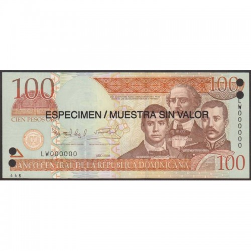 2006 - Dominican Republic P177s1 100 Pesos Oro  Specimen banknote