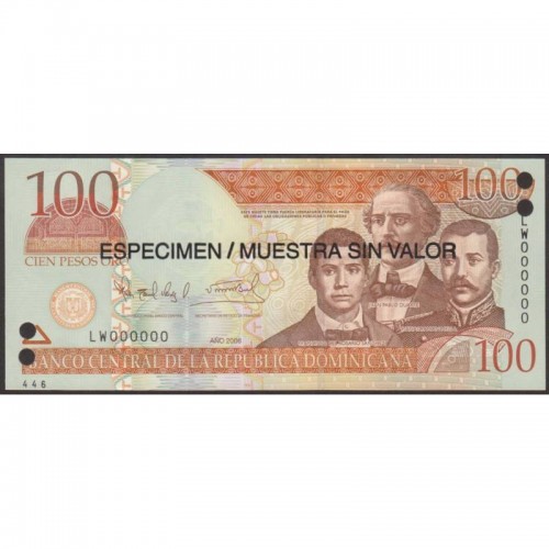 2006 - República Dominicana P177s1 billete 100 Pesos Oro  Specimen