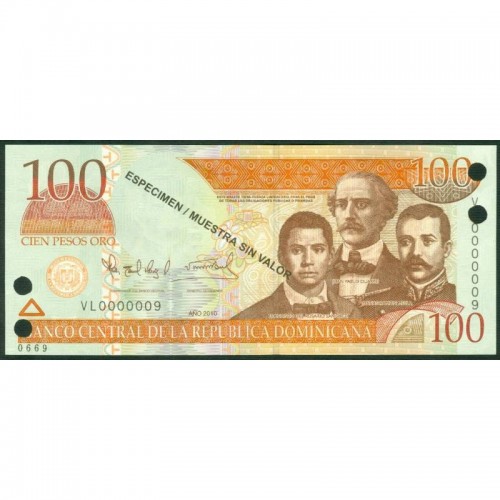 2010 - Dominican Republic P177s3 100 Pesos Oro  Specimen banknote