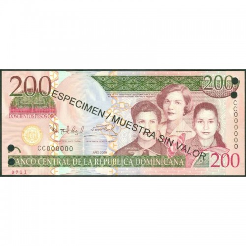 2009 - Dominican Republic P178s2  200 Pesos Oro  Specimen banknote