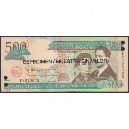 2006 - República Dominicana P179s1 billete 500 Pesos Oro  Specimen