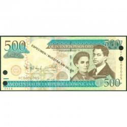 2010 - República Dominicana P179s3 billete 500 Pesos Oro  Specimen