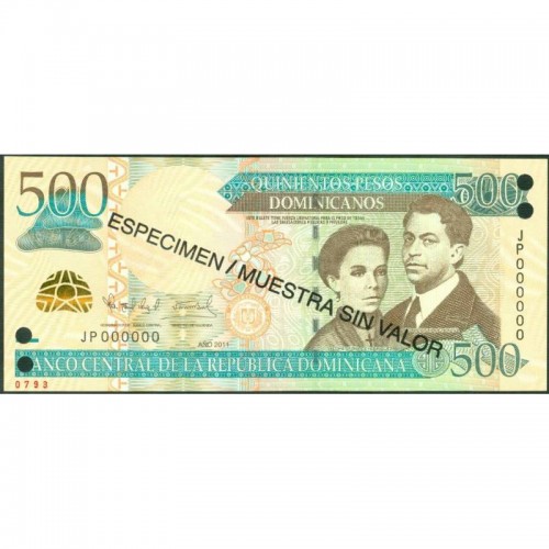 2011 - República Dominicana P186s billete 500 Pesos Oro Specimen